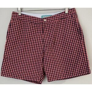 BONOBOS Red & Navy Blue Checked Lined Swim Trunks Men's Size 32 BOARD SHORTS